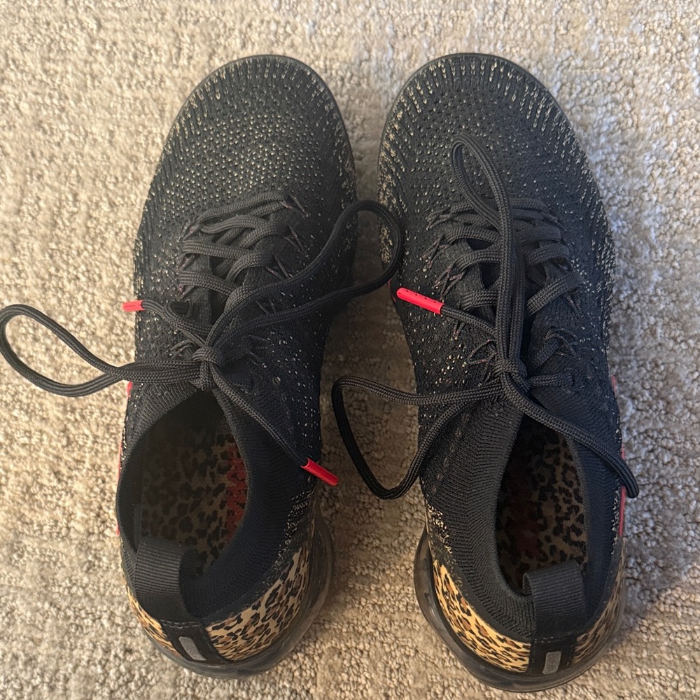 Nike Black Knit Athletic Sneakers with Leopard Heel and Red Lace Tips